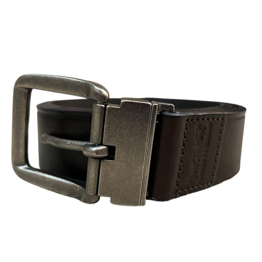 Levis Reversible Leather Top Belt Brown Black Mens Small 30-32 Silver Buckle